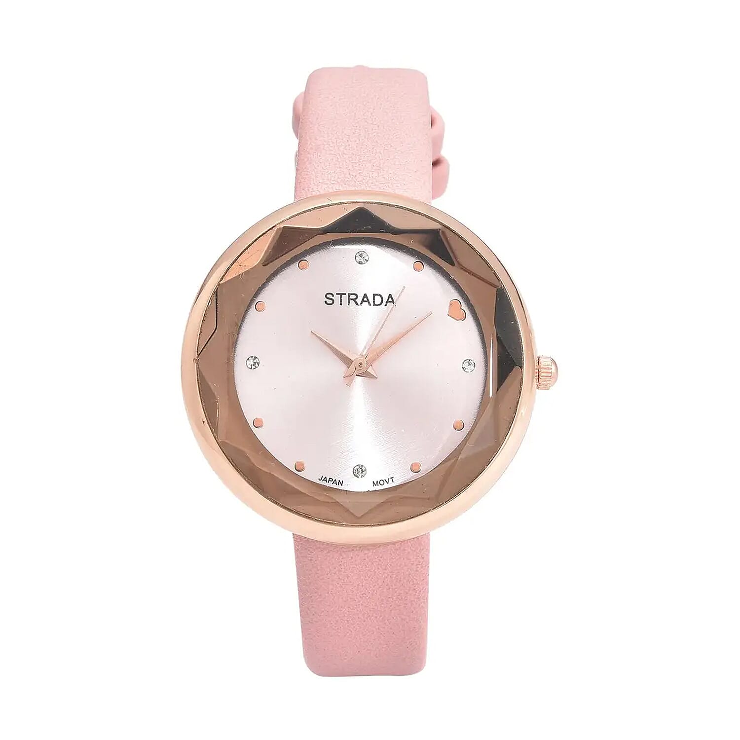 Strada Japanese Movement White Austrian Crystal with Pink Dial Watch in Pink Faux Leather Strap (36.32mm) (6.25-7.75 Inches)