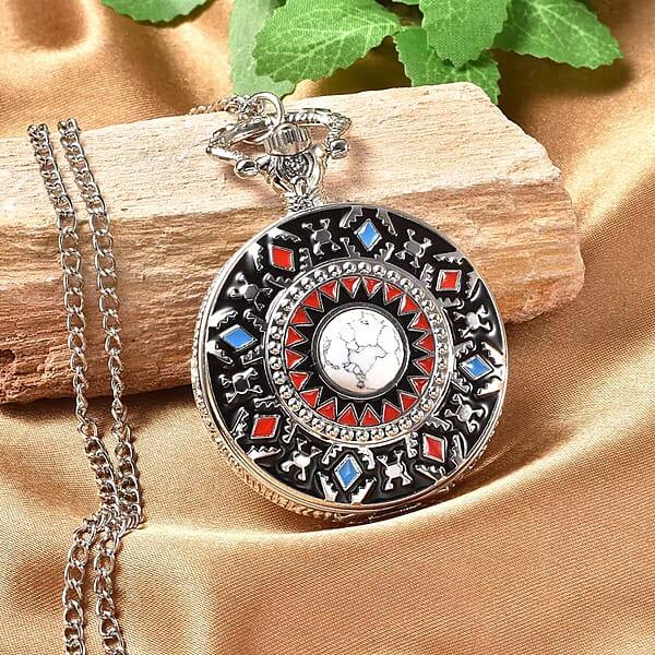 Strada Japanese Movement White Howlite 2.50 Ctw Pocket Watch In With Chain 31 Inches