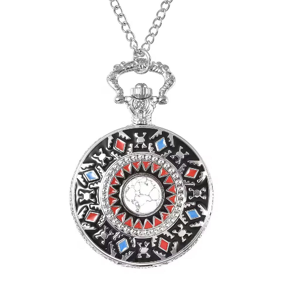 Strada Japanese Movement White Howlite 2.50 ctw Pocket Watch in with Chain 31 Inches