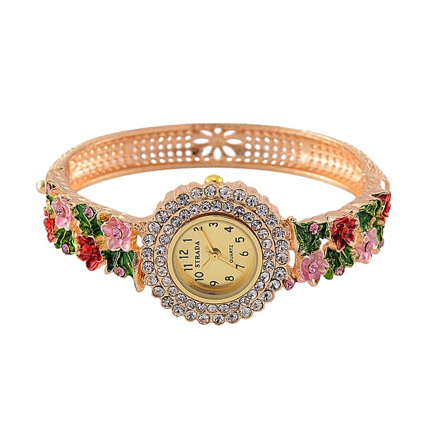 Strada Multi Color Austrian Crystal And Enameled Japanse Movement Bangle Watch In Goldtone
