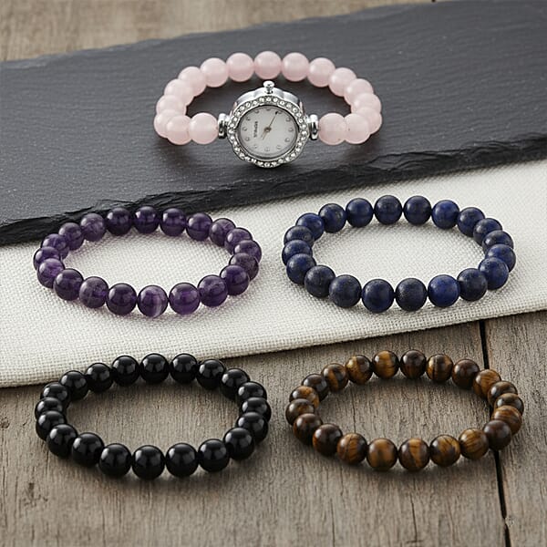 Strada Multi Gemstone Japanese Movement Bracelet Watch And 4pcs Beaded Bracelet (7-7.5In) In Silvertone 145.00 Ctw