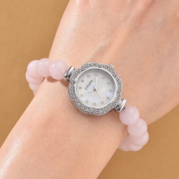 Strada Multi Gemstone Japanese Movement Bracelet Watch And 4pcs Beaded Bracelet (7-7.5In) In Silvertone 145.00 Ctw