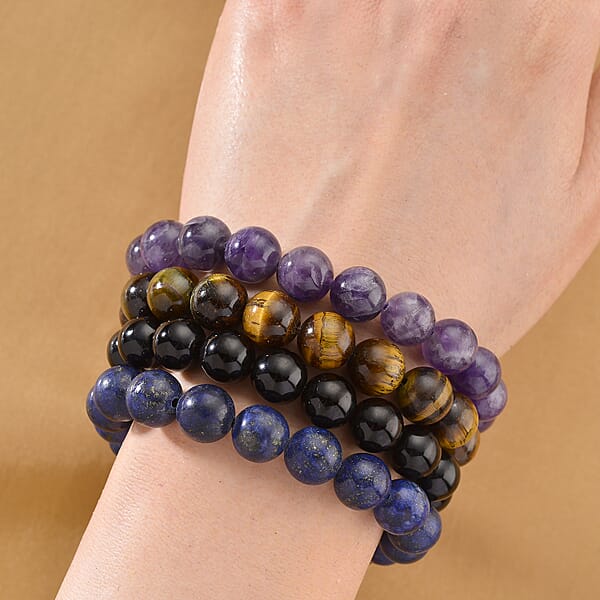 Strada Multi Gemstone Japanese Movement Bracelet Watch And 4pcs Beaded Bracelet (7-7.5In) In Silvertone 145.00 Ctw