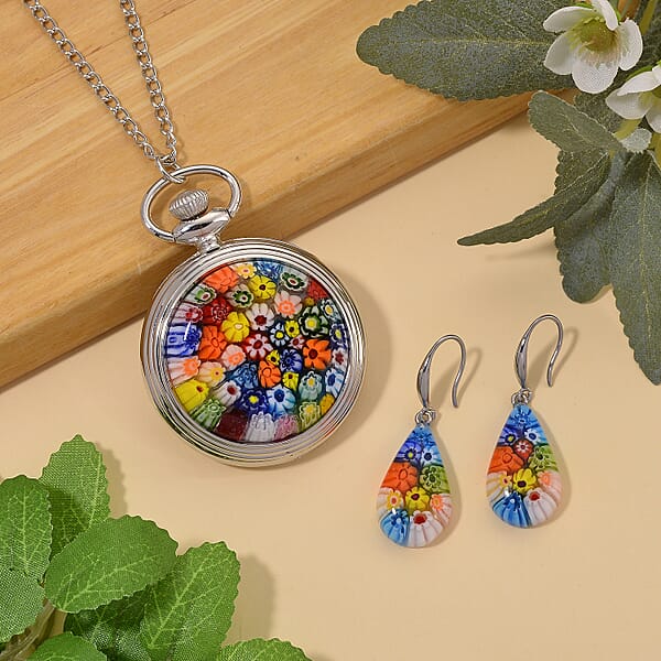 Strada Multi Murano Style Japanese Movement Pocket Watch In Goldtone And ION Plated YG Stainless Steel Earrings