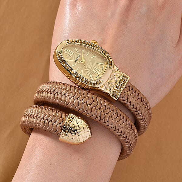 Strada Pink Austrian Crystal Japanese Movement Watch In Gold Faux Leather Braided Strap