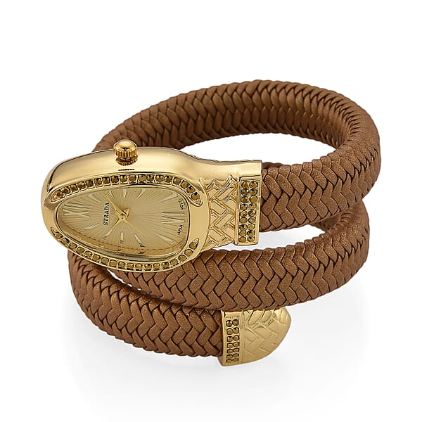 Strada Pink Austrian Crystal Japanese Movement Watch In Gold Faux Leather Braided Strap