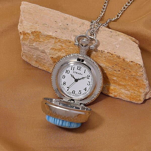 Strada Rotating Blue Murano Style Japanese Movement Pocket Watch With Chain (36 Inches) In Silvertone
