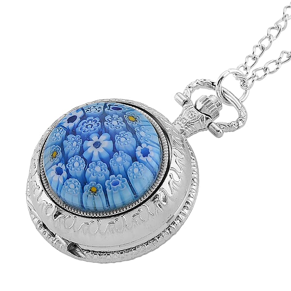 Strada Rotating Blue Murano Style Japanese Movement Pocket Watch With Chain (36 Inches) In Silvertone
