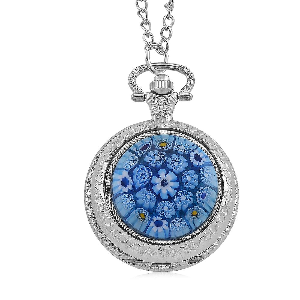 Strada Rotating Blue Murano Style Japanese Movement Pocket Watch with Chain (36 Inches) in Silvertone