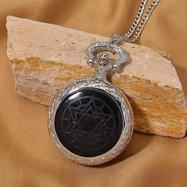 Strada Shungite Japanese Movement Hexagonal Pocket Watch With Chain (36 Inches) In Silvertone 2.00 Ctw