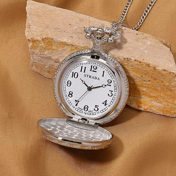 Strada Shungite Japanese Movement Hexagonal Pocket Watch With Chain (36 Inches) In Silvertone 2.00 Ctw