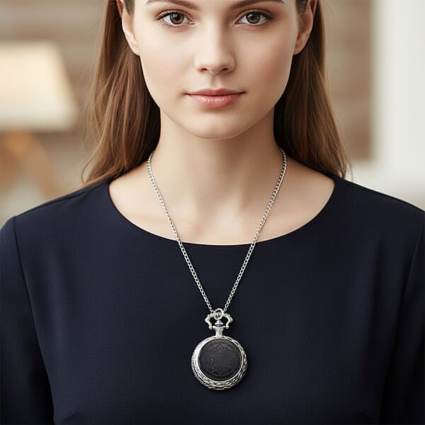 Strada Shungite Japanese Movement Hexagonal Pocket Watch With Chain (36 Inches) In Silvertone 2.00 Ctw