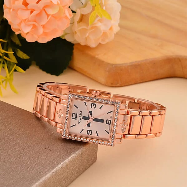 Strada White Austrian Crystal Japanese Movement Cross Pattern & Rosegold Dial Watch With Rosetone Strap (26.16-30.48 Mm) (6.75-8.25 Inches)
