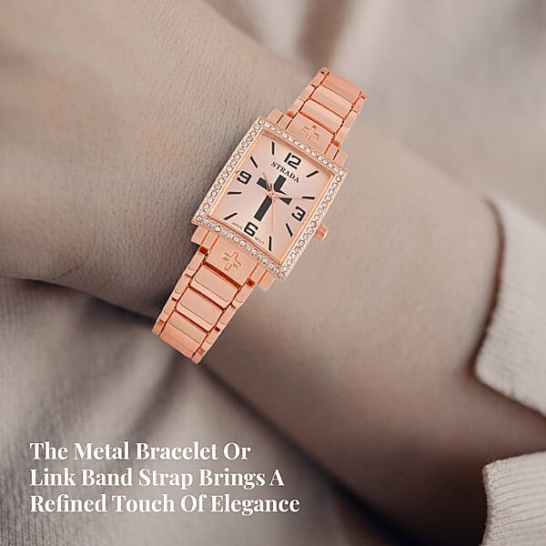 Strada White Austrian Crystal Japanese Movement Cross Pattern & Rosegold Dial Watch With Rosetone Strap (26.16-30.48 Mm) (6.75-8.25 Inches)