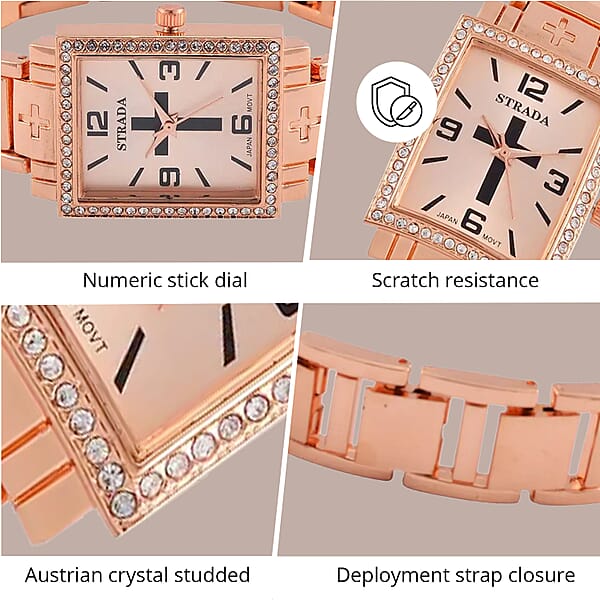 Strada White Austrian Crystal Japanese Movement Cross Pattern & Rosegold Dial Watch With Rosetone Strap (26.16-30.48 Mm) (6.75-8.25 Inches)