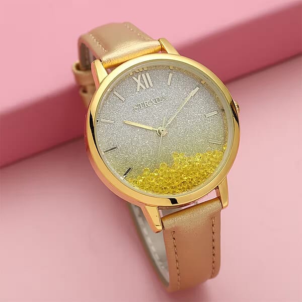 Strada Yellow Austrian Crystal Japanese Movement Stardust Dial Watch In Gold Faux Leather Strap (34.79mm) (5.5-7.25 Inches)