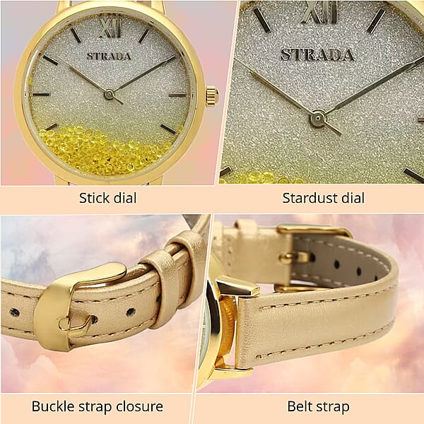 Strada Yellow Austrian Crystal Japanese Movement Stardust Dial Watch In Gold Faux Leather Strap (34.79mm) (5.5-7.25 Inches)