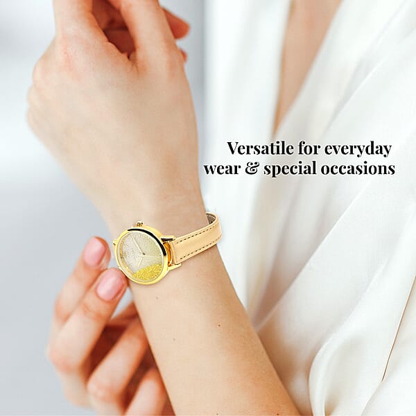 Strada Yellow Austrian Crystal Japanese Movement Stardust Dial Watch In Gold Faux Leather Strap (34.79mm) (5.5-7.25 Inches)