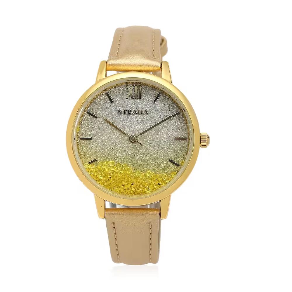 Strada Yellow Austrian Crystal Japanese Movement Stardust Dial Watch in Gold Faux Leather Strap (34.79mm) (5.5-7.25 Inches)