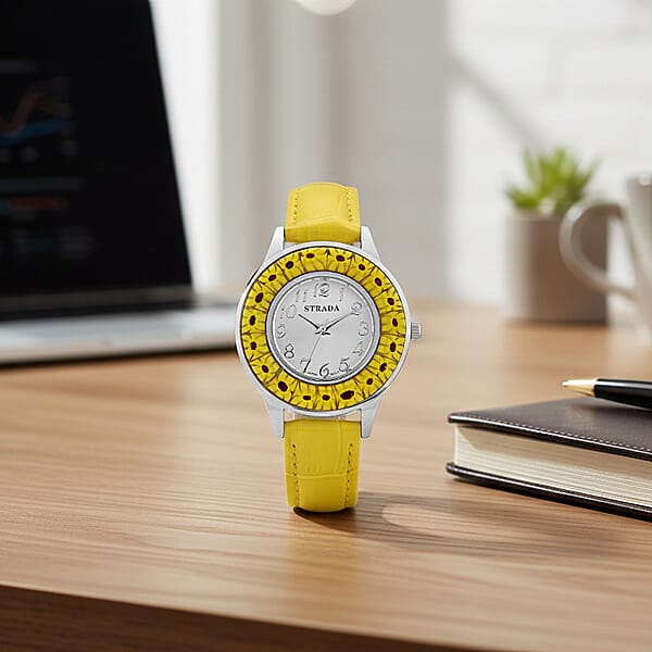 Strada Yellow Color Murano Style Japanese Movement Watch With Yellow Leather Strap (37mm)