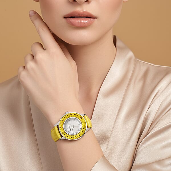 Strada Yellow Color Murano Style Japanese Movement Watch With Yellow Leather Strap (37mm)