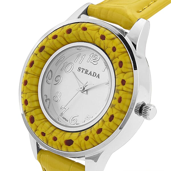 Strada Yellow Color Murano Style Japanese Movement Watch With Yellow Leather Strap (37mm)