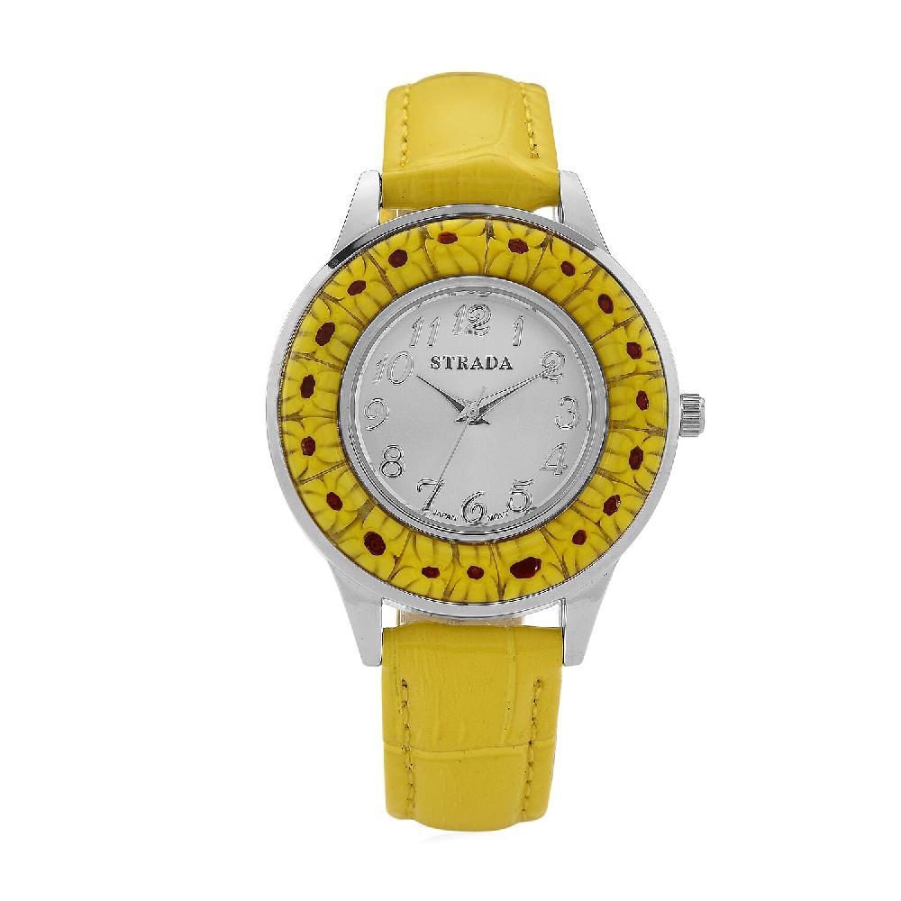 Strada Yellow Color Murano Style Japanese Movement Watch with Yellow Leather Strap (37mm)