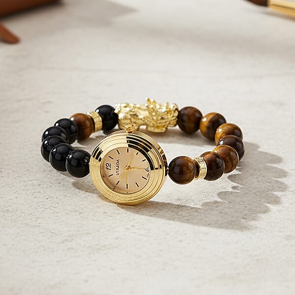 Strada Yellow Tigers Eye And Black Obsidian Japanese Movement Stretch Bracelet Watch With Pixiu Charm (7-7.5In) 30.00 Ctw