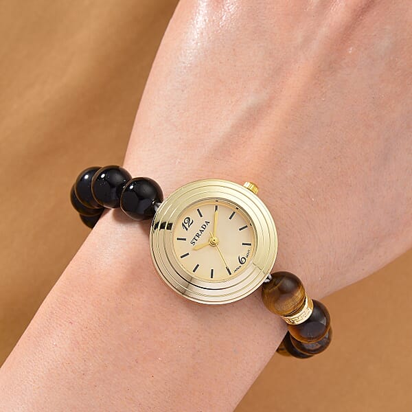 Strada Yellow Tigers Eye And Black Obsidian Japanese Movement Stretch Bracelet Watch With Pixiu Charm (7-7.5In) 30.00 Ctw