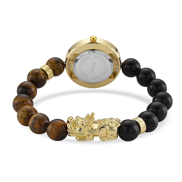 Strada Yellow Tigers Eye And Black Obsidian Japanese Movement Stretch Bracelet Watch With Pixiu Charm (7-7.5In) 30.00 Ctw