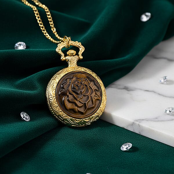 Strada Yellow Tigers Eye Japanese Movement Rose Pattern Watch In Goldtone 5.00 Ctw
