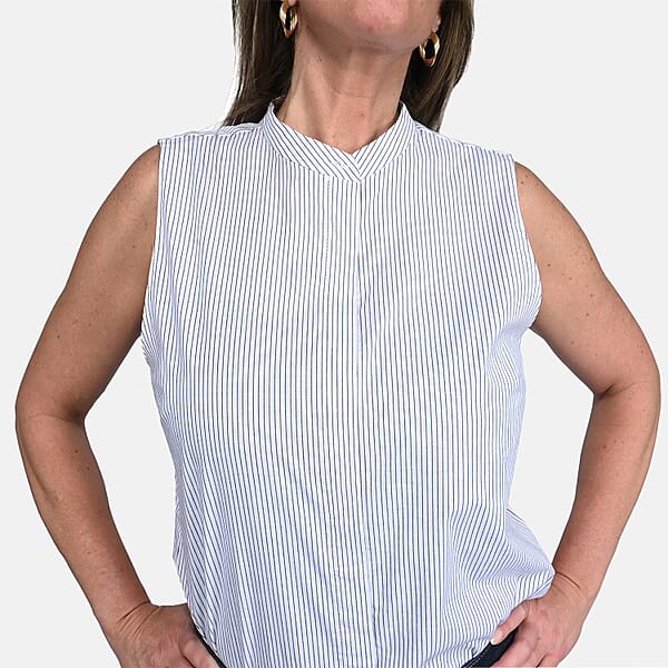Tahari White With Black Striped Sleeveless Button-up Blouse - S