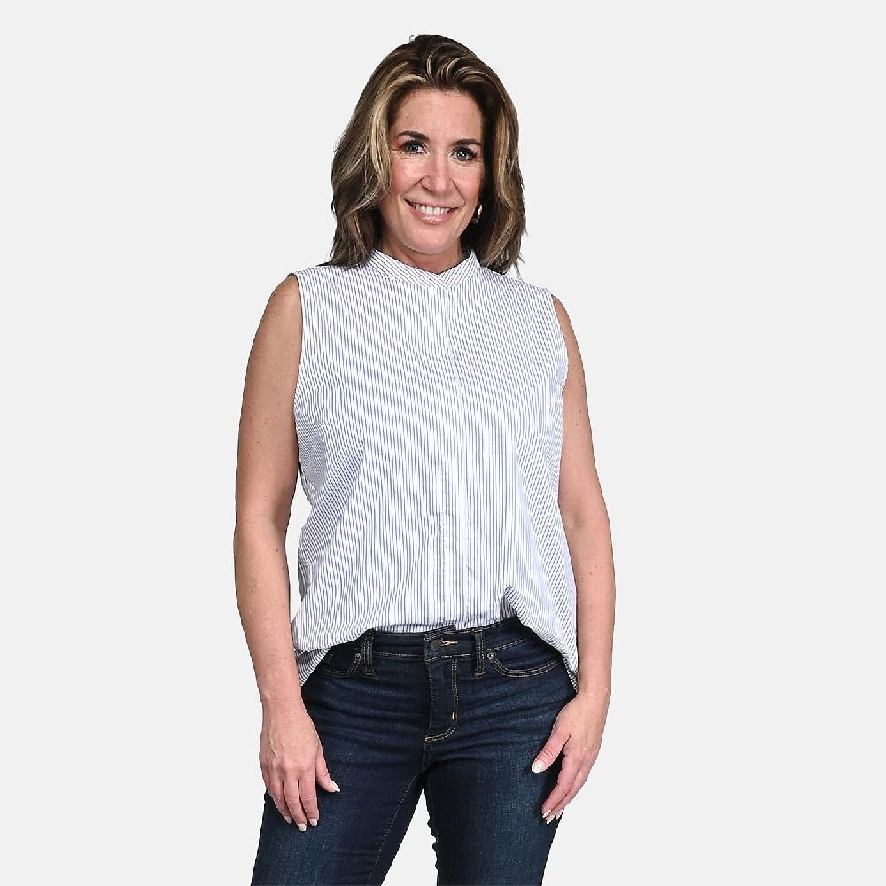 Tahari White With Black Striped Sleeveless Button-up Blouse - S