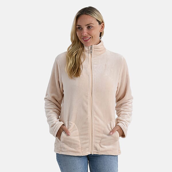 Tamsy Beige Velvet Zip Front Jacket With 2 Front Pockets - S/M