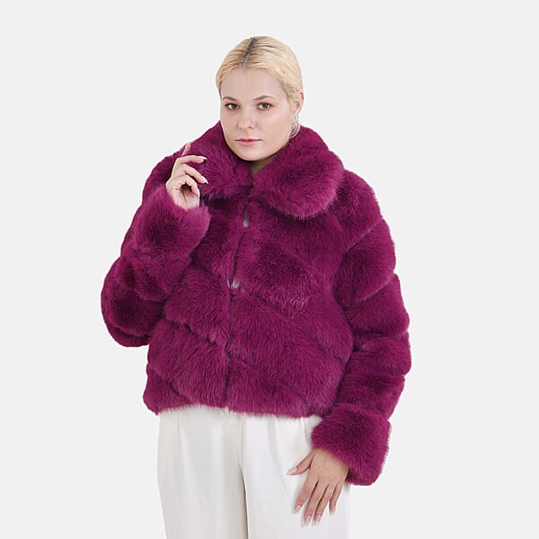 Tamsy Berry Luxe Embossed Faux Fur Crop Jacket - (One Size S-L)
