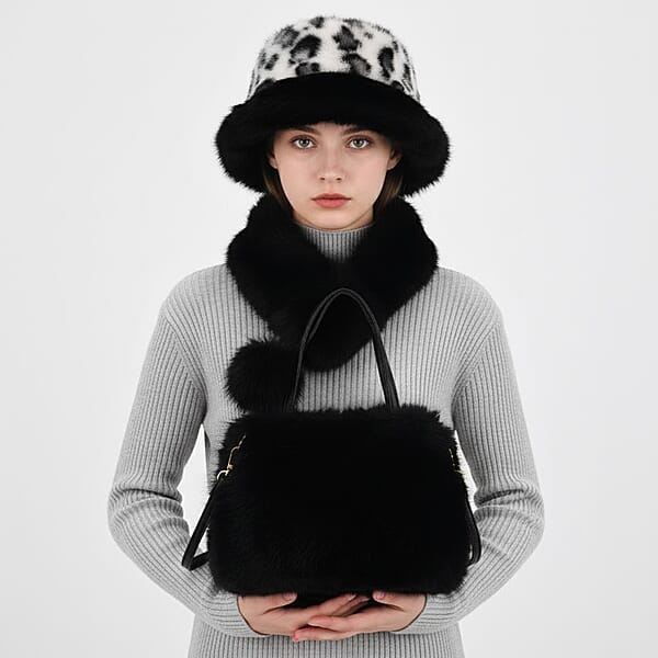 Tamsy Black 3 Piece Set Of Printed Round Hat Scarf And Fur Bag