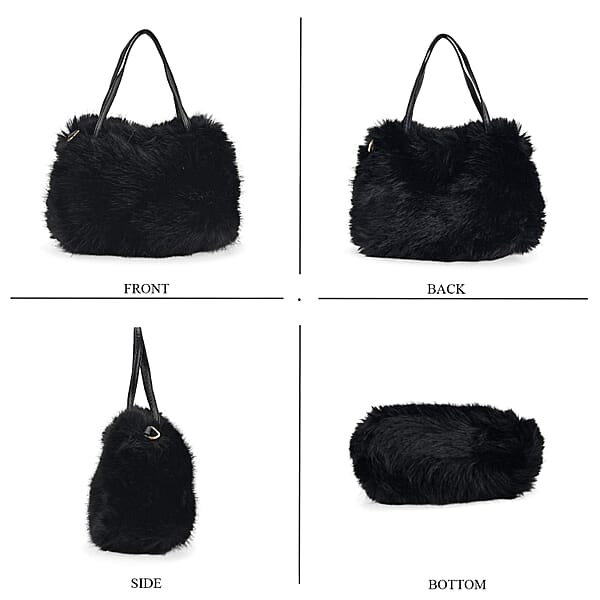 Tamsy Black 3 Piece Set Of Printed Round Hat Scarf And Fur Bag