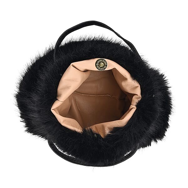Tamsy Black 3 Piece Set Of Printed Round Hat Scarf And Fur Bag
