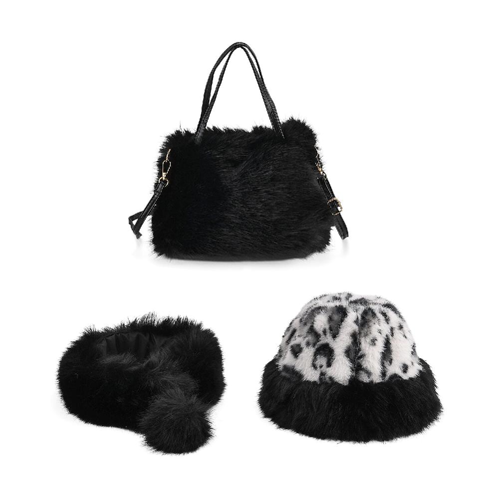 Tamsy Black 3 Piece Set of Printed Round Hat Scarf and Fur Bag