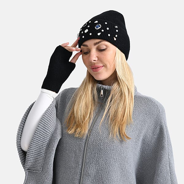 TAMSY Black Acrylic Heavy Knit Beanie With Multi Jewels