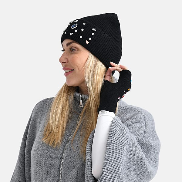 TAMSY Black Acrylic Heavy Knit Beanie With Multi Jewels