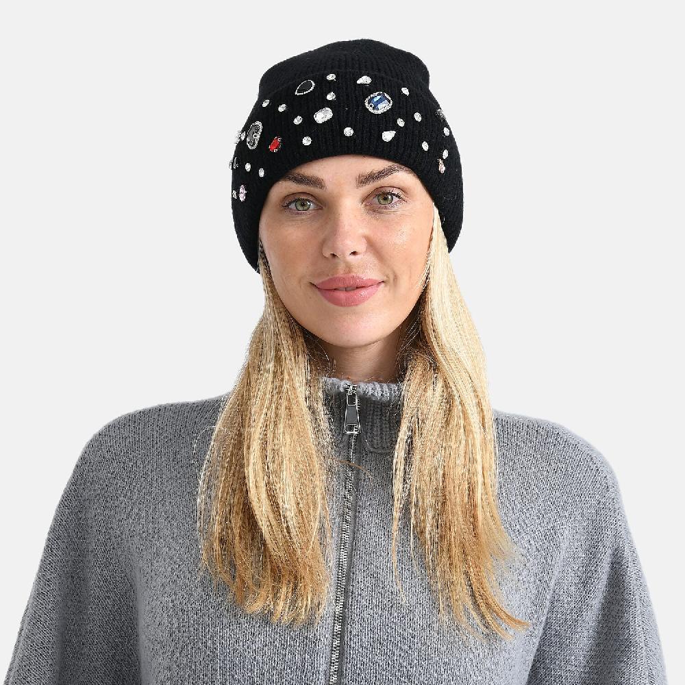 TAMSY Black Acrylic Heavy Knit Beanie with Multi Jewels
