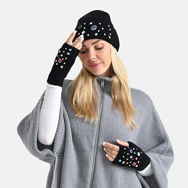 TAMSY Black Acrylic Heavy Knit Gloves With Multi Jewels