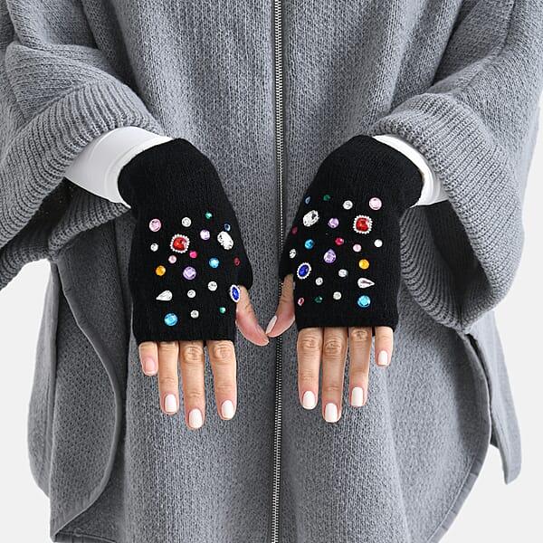 TAMSY Black Acrylic Heavy Knit Gloves With Multi Jewels