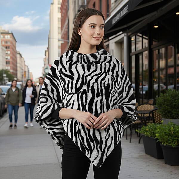 Tamsy Black And White Tiger Poncho - One Time Fits Most