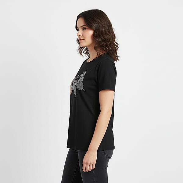 Tamsy Black Butterfly Design Short Sleeve Shirt - One Size Fits Up To XLarge