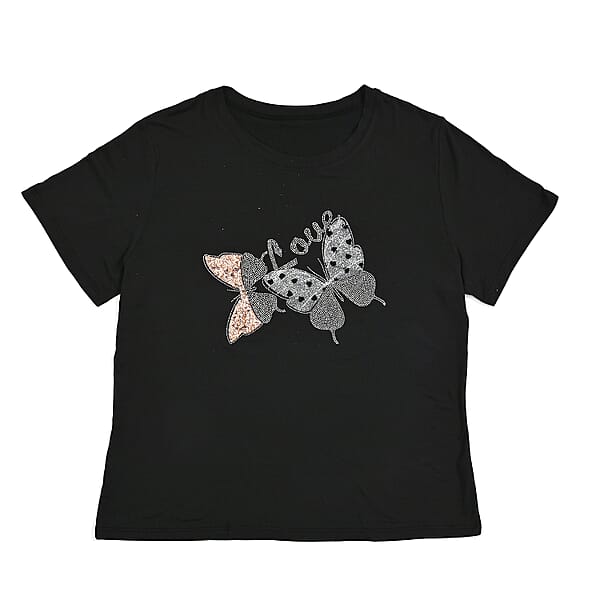 Tamsy Black Butterfly Design Short Sleeve Shirt - One Size Fits Up To XLarge
