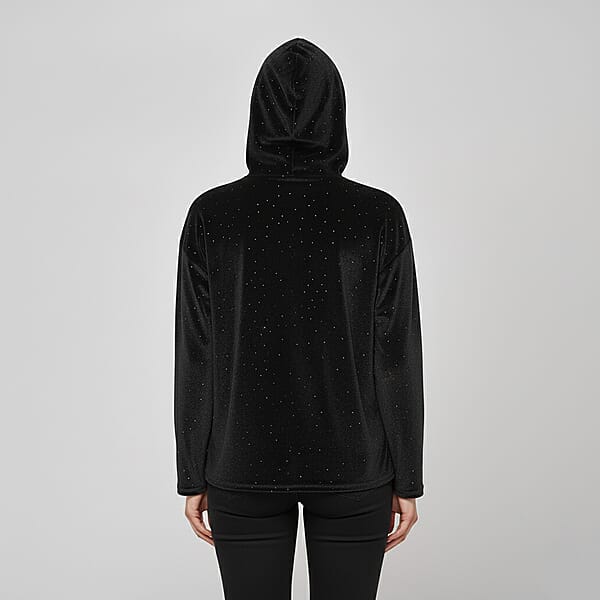 Tamsy Black Crystal Embedded Glitter Top With Hoodie - One Size Fits Most