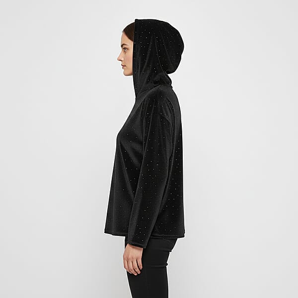 Tamsy Black Crystal Embedded Glitter Top With Hoodie - One Size Fits Most