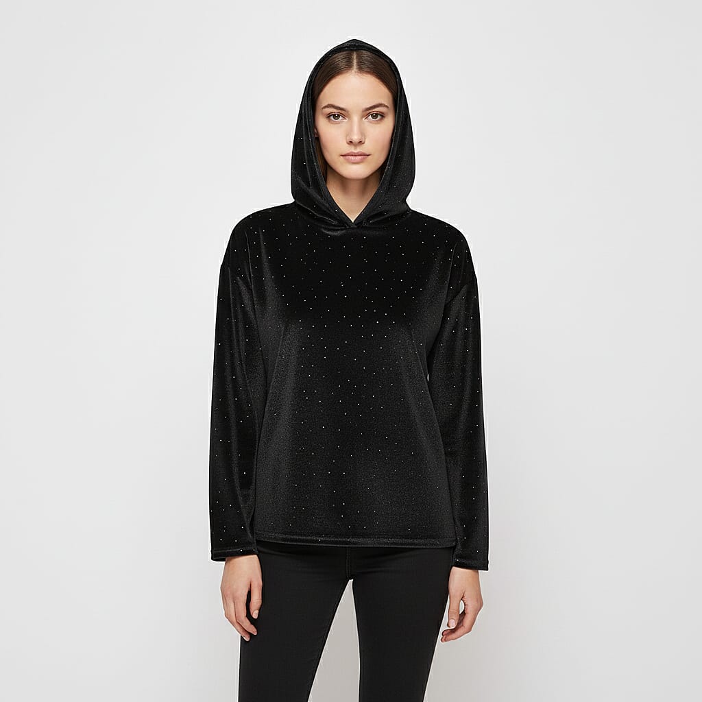Tamsy Black Crystal Embedded Glitter Top with Hoodie - One Size Fits Most